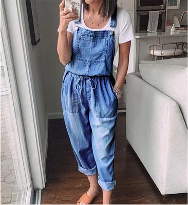Dames Lente en Zomer Casual Denim Jumpsuit met Trekkoord en Bretels