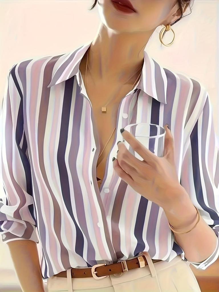 European & American Color-block Striped Casual Slimming Women's Fashion Shirt