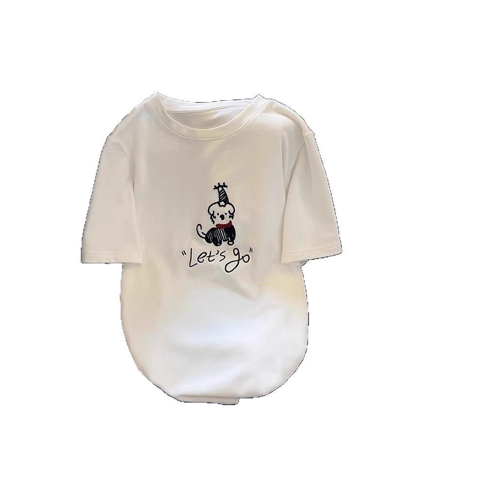 Women's White Embroidered Puppy Short Sleeve T-shirt - Spring 2025 Casual Top
