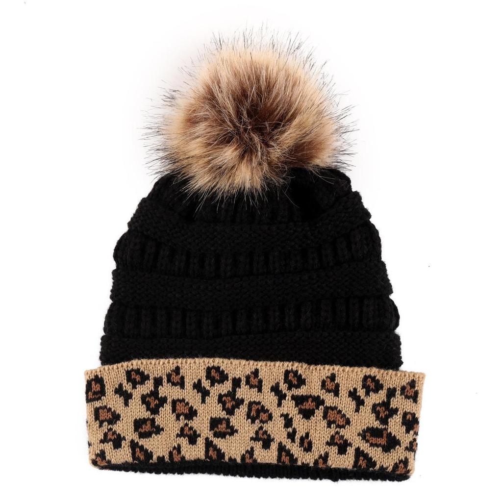 Fashion Winter Leopard Women's Hat Warm Knitted Beanies Cap For Women Girl Pom Pom Thick Lady Female Cap Hat With Hair Ball