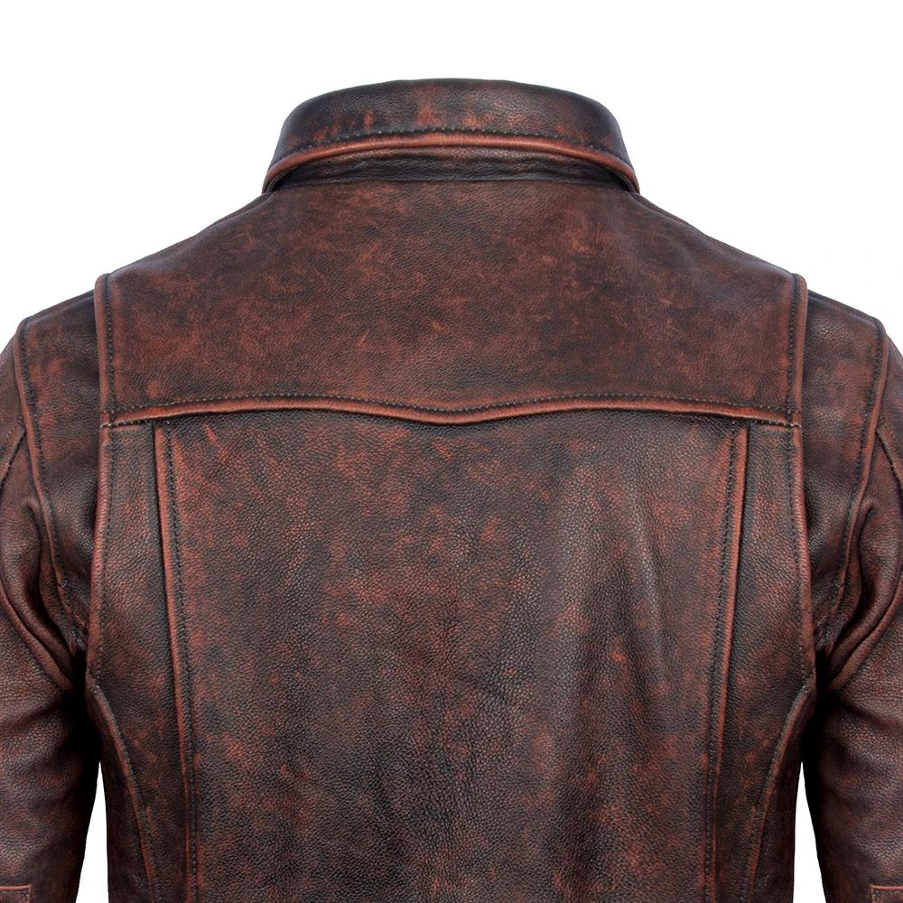 Men's Leather Jacket Vintage Red Brown Real Cow Leather CoatTurn Down Collar Spring Autumn