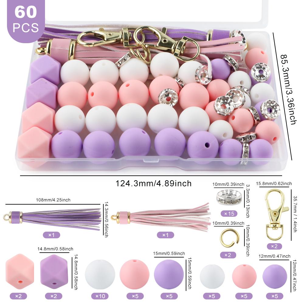 New 60Pcs/Box Leather Keychain Tassels Silicone Bead Round Hexagon Lentil For Jewelry Making DIY Keychain Bracelet Accessories