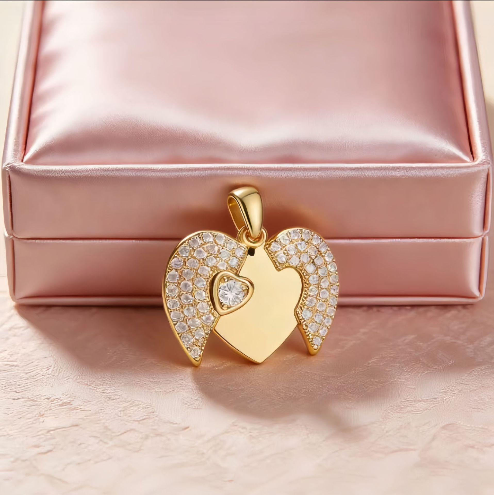 Engravable Heart and Angel Wings Gold-Plated Necklace for Women