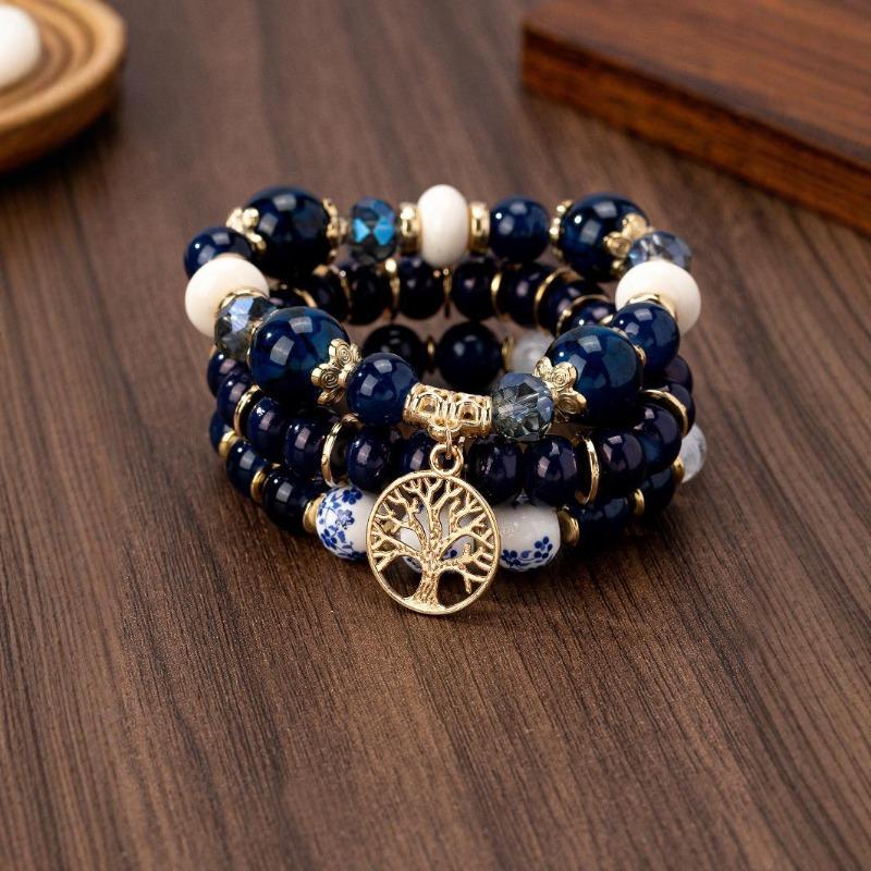 Hollow Tree of Life Bracelet Blue and white porcelain pattern glass bead pendant bracelet