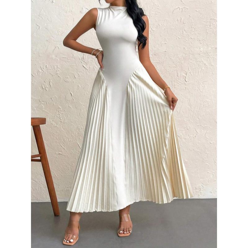 Damen Sommer Ärmellos Hoher Kragen Schmal Geschnitten Maxikleid Elegant Plissiert Abendparty Cocktailkleid für Damen