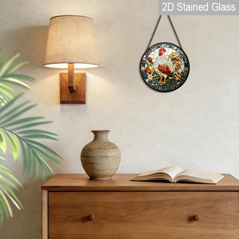 2D Flat Stained Glass Rooster Window Decoration, 6.3/7.87inches Colored Glass Plate with Chain, Charming Sun Catcher Home Decor, Unique Holiday