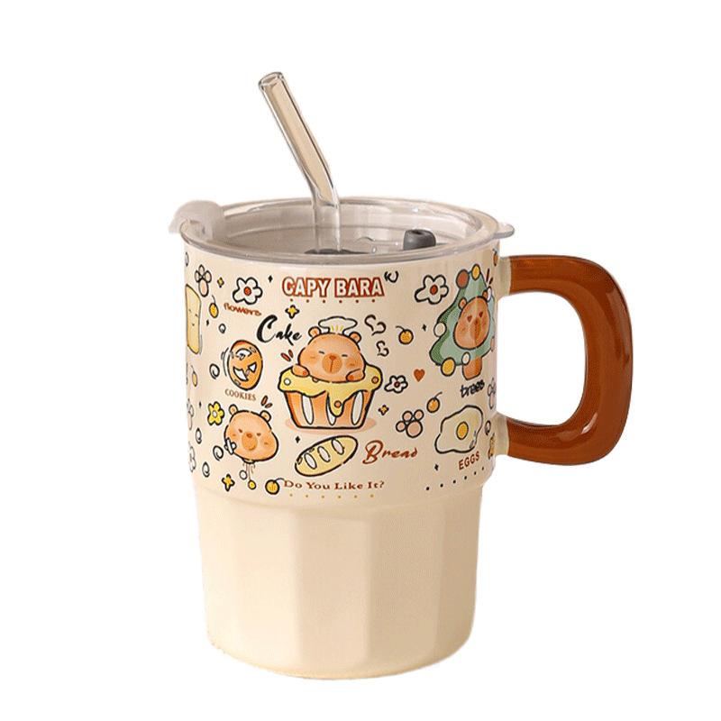 Söt mugg med sugrör, vattenkopp för flickor, mjölkkopp, keramisk hushållsfrukostkopp, kaffekopp, parmugg