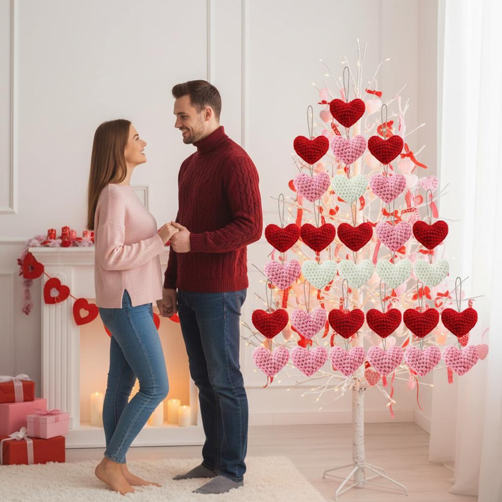 12 Pcs Knitted Heart Hanging Pendant Handmade Valentine Bowl Vase Filler for Home Christmas Tree Party Decor