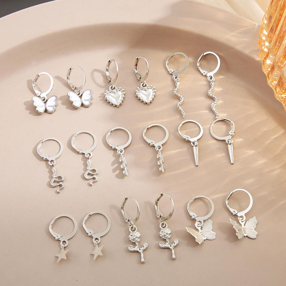 European & American Cross-border Women's Snake, Butterfly, Rose Ear Jewelry Set - 9 Pieces