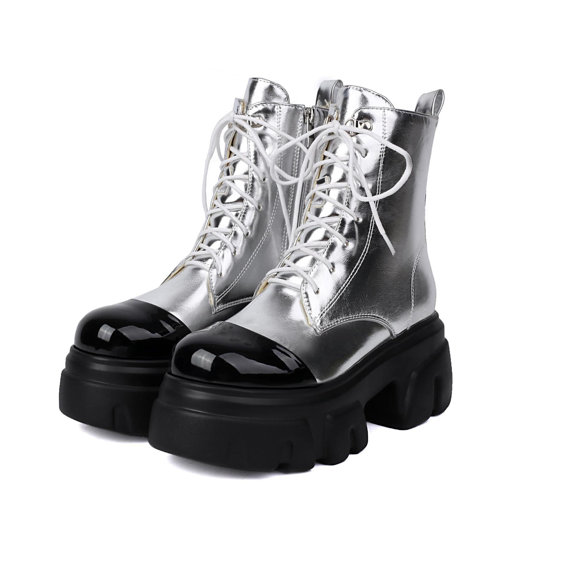 

Krazing Pot ПУ осенне-зимние ботинки на плоской платформе большого размера с круглым носком, сохраняющие тепло, на молнии, размер 44, ботильоны 43 серебряный