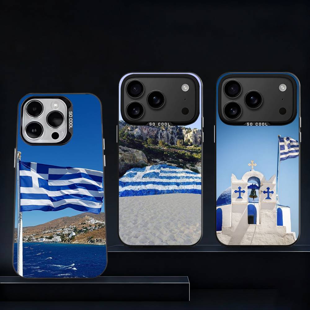 Custodia per Telefono con Mappa Bandiera Greca Grecia Per iPhone 11,12,13,14,15,16,17,Pro,Max,Plus,E,Air,Mini IMD Nero Opaco