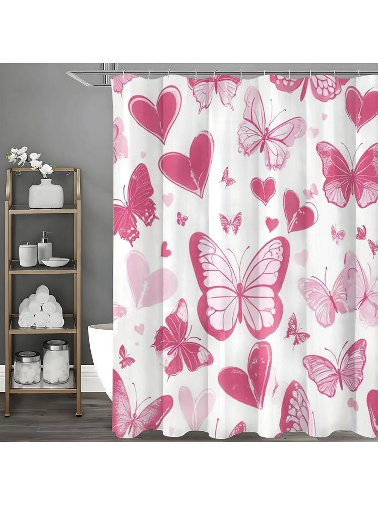 Valentine s Day Pink Butterfly Heart Shower Curtain, Bathroom Decorative Shower Curtain, Waterproof Shower Curtain with Hooks W90xH180cm