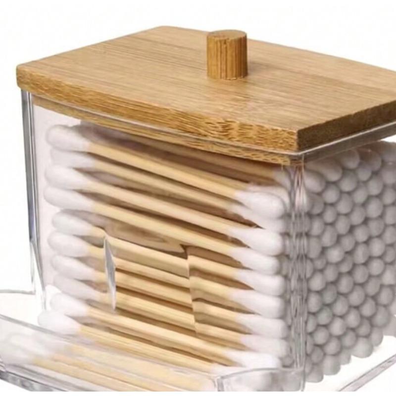 1. Acrylic Cotton Swab Holder and Bamboo Cover Transparent Cotton Swab Storage Ear Holder, Toothpick Storage, Decoration