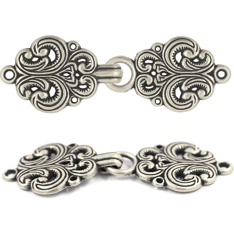 bezelry 6 Pairs Rococo Swirl Flower Cape or Cloak Clasp Fasteners. Sew On Hooks and Eyes Cardigan Clip. 65mm Fastened.