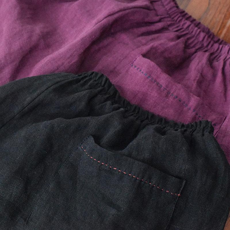 Johnature Summer Retro Solid Color Wide Leg Pants Pocket Elastic Waist Leisure Women Ankle- Length Pants