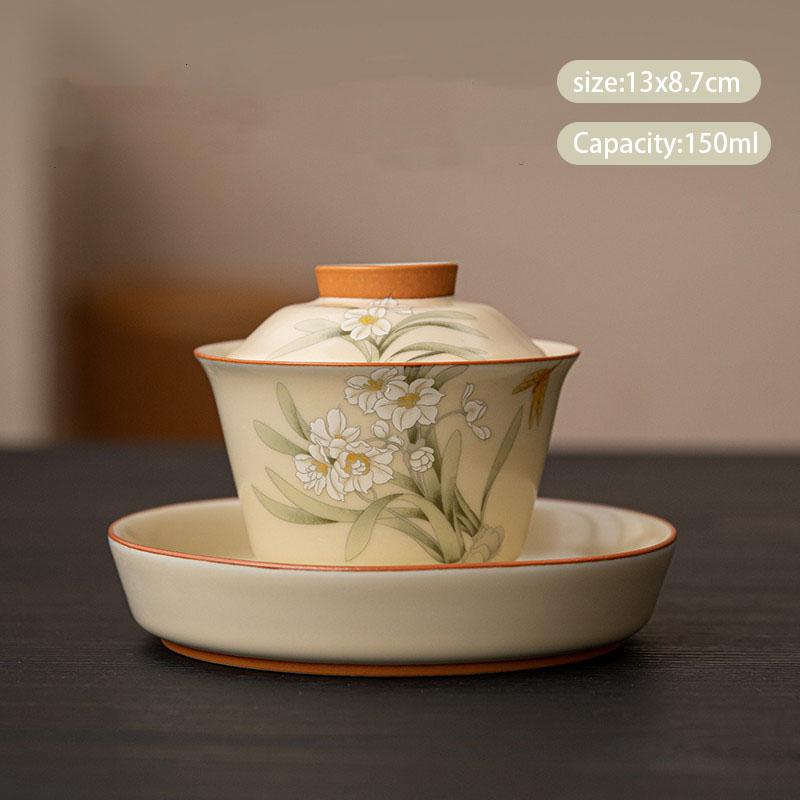 Čínská béžová Ru Kiln Čaj Tureen Šálek na čaj Ručně malované květiny narcisů Keramická čajová miska Gaiwan pro domácnost Cestovní konvice na čaj Čajovač