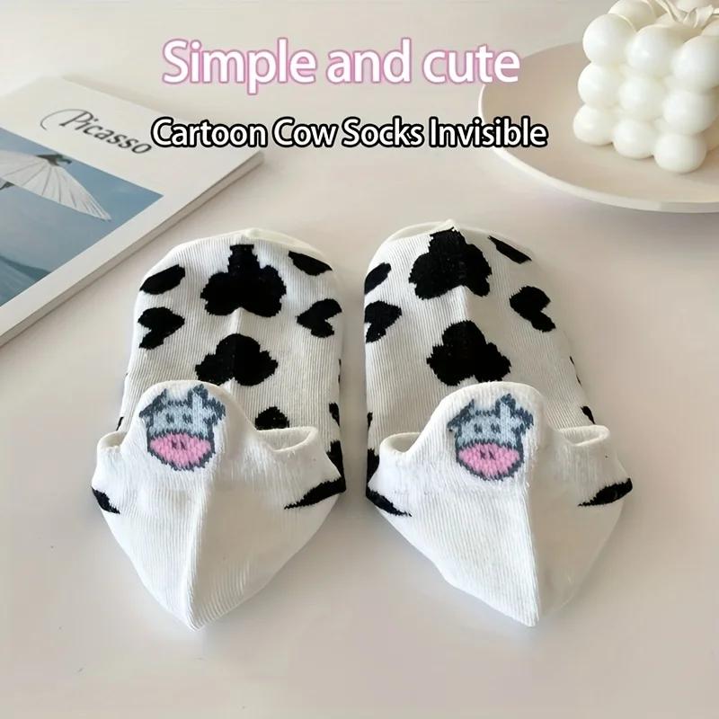 5 Pairs Women's Cartoon Cow Pattern Non-Slip Ankle Socks, Black/White Color, Airy Cozy, Gentle Low-Cut Socks, Leisure Style