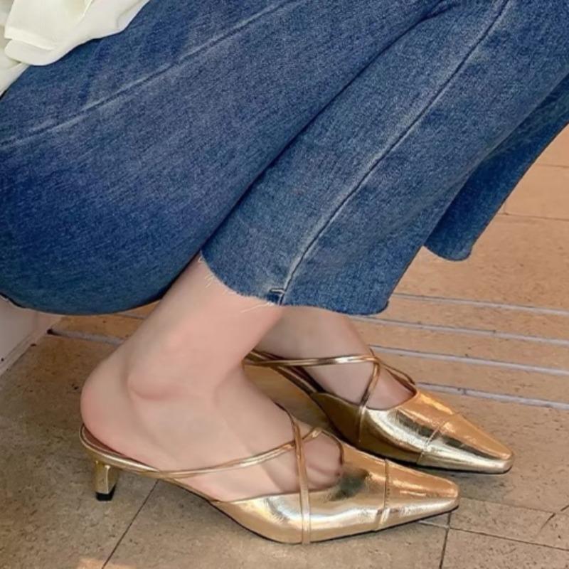 Fashion Summer New Style Fine Heel Sandals Women's Fashion Pointy Shallow Mouth Splicing Set Foot Anti-slip and Wear Heel Shoes