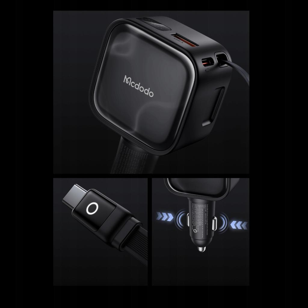 Mcdodo Szybka Ładowarka Samochodowa 3X Usb Usb-C 93W Led Kabel Zwijany 1M