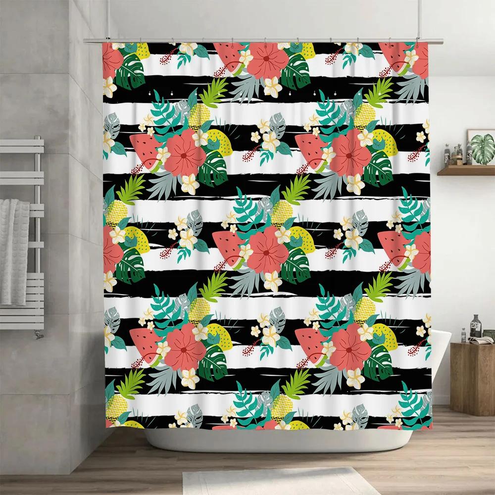 Vibrant Floral Shower Curtain Watermelon Pineapple Green Palm Leaf Black White Stripe Bathroom Decor Home Waterproof Fabric Show
