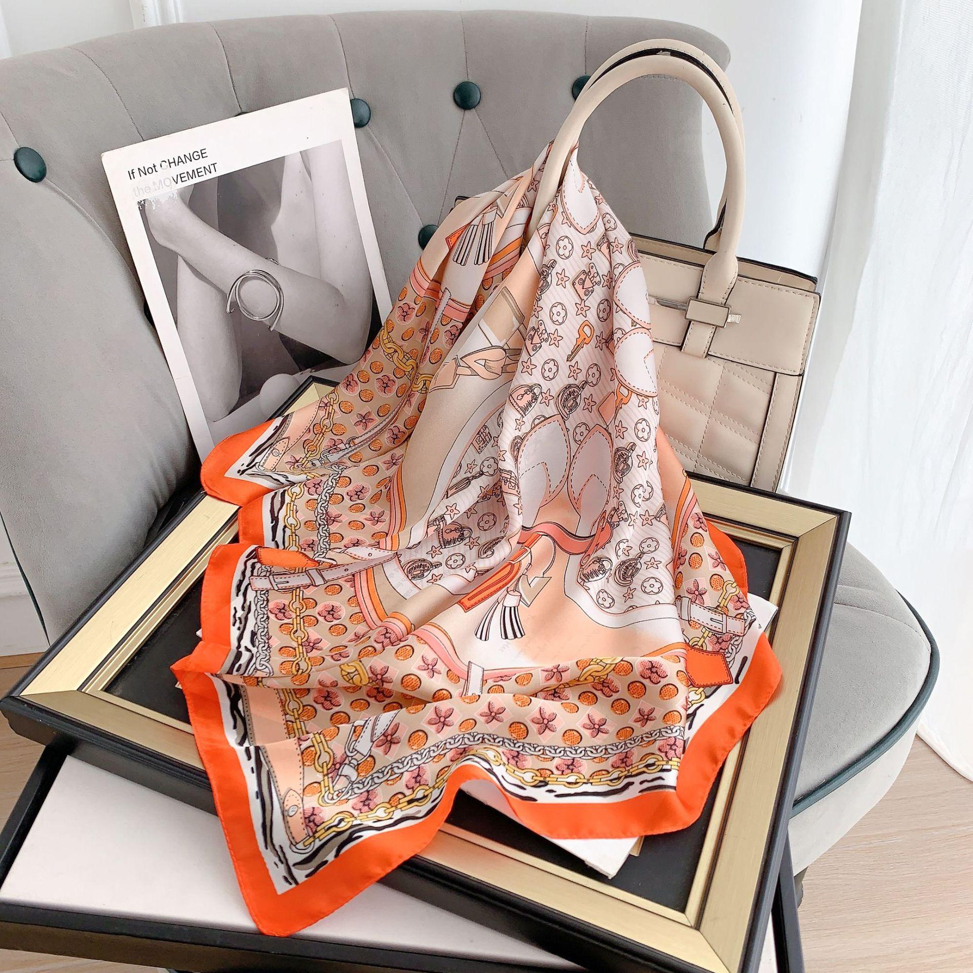 

New simulated silk small square scarf summer fashion versatile sunshade headscarf decorative chain printed silk scarf 70*70cm
