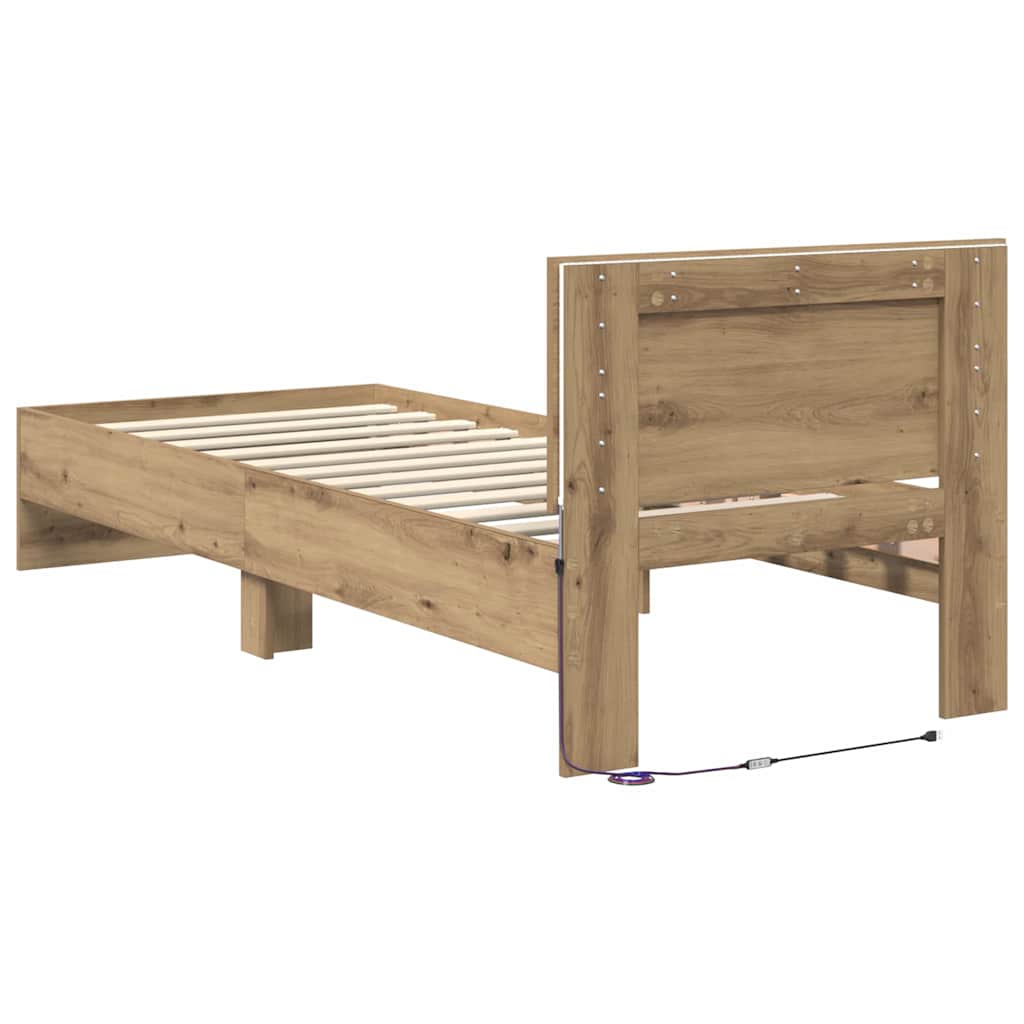 Artisan Oak LED Bed Frame with Headboard 75 x 190 cm Particleboard