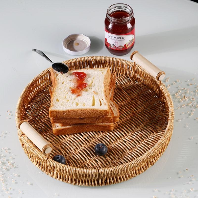 Hand-woven Storage Basket Rattan Tray for Countertop Shelves Fruit Tea Snack Bread Basket with Handle Kitchen Bedroom