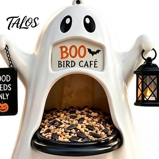 Holiday Garden Pendant Halloween Ghost Bird Feeder, Outdoor Hanging Big Mouth Wild Feeding Decor Station, Spooky Resin Statue for Outside Backyard