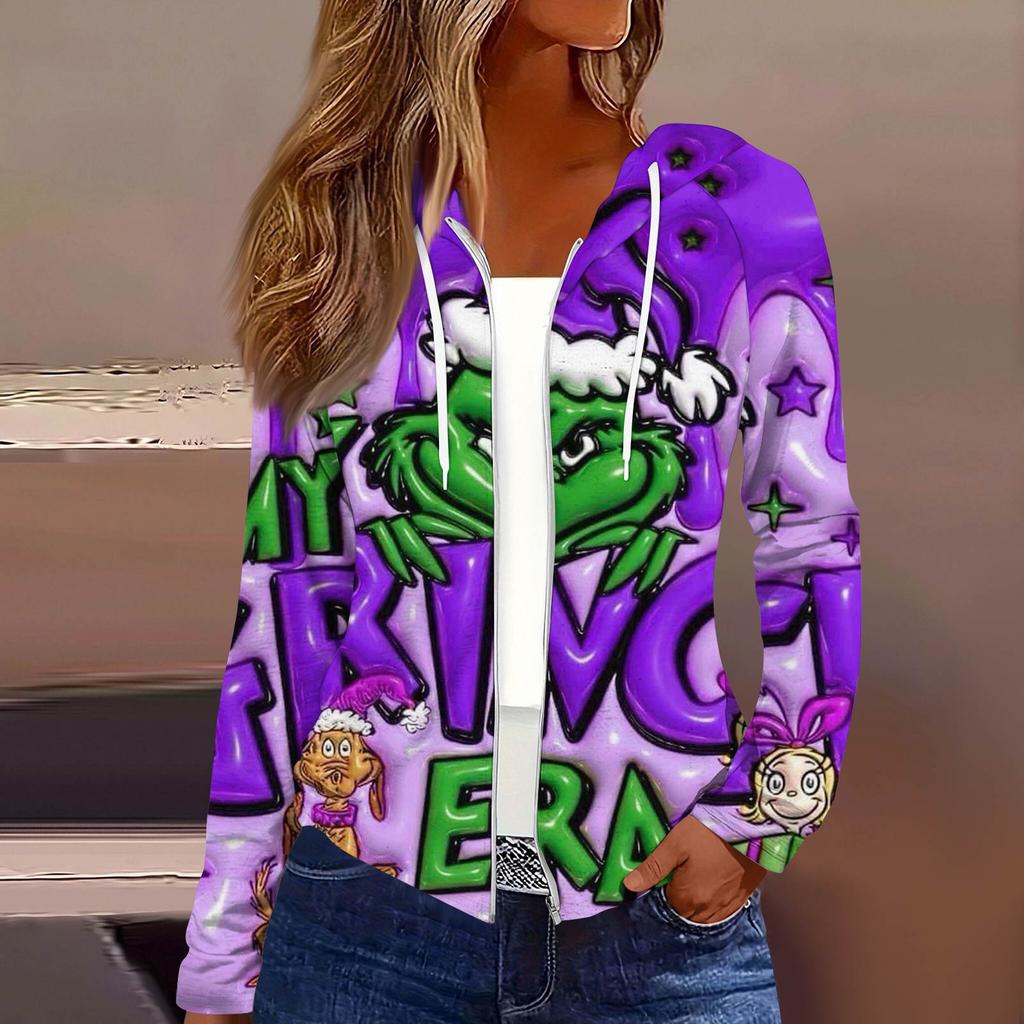 Women's Fashion Christmas Print Casual Zip-Up Long-Sleeved Hooded Jacket