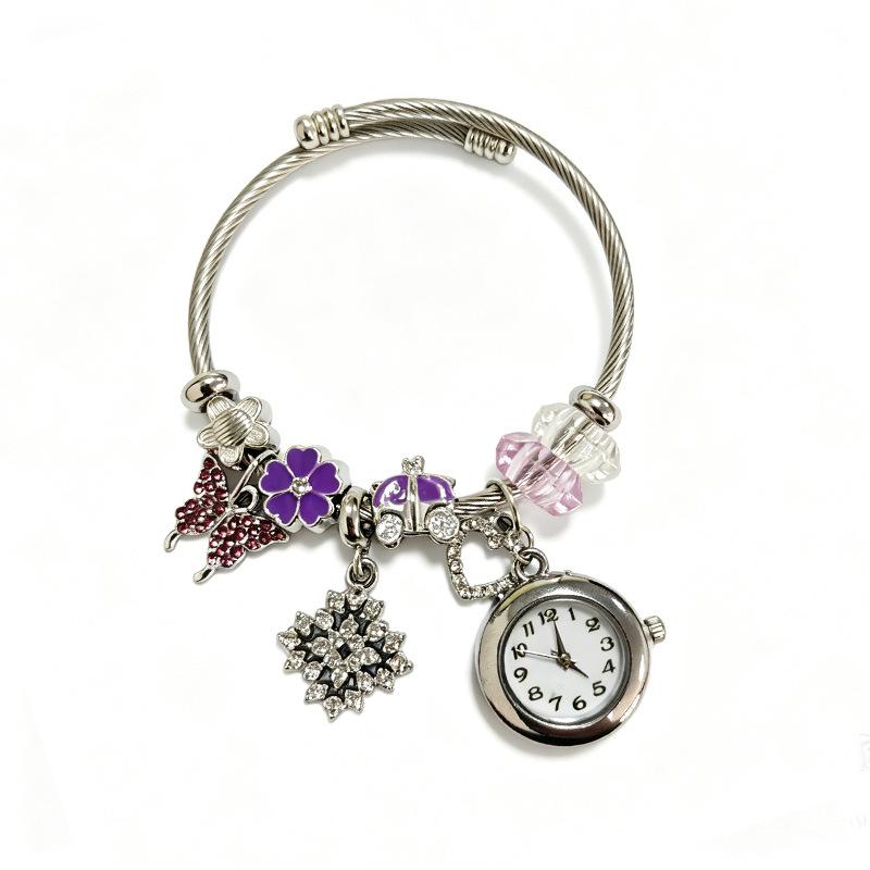 Ladies Charm Bangle Quartz Watch 2026 New Design Pink Tulip Heart Pendant Beaded Bracelet Watch Gift for Female