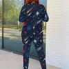 Women Plus Size Red Navy Star Printed Two Piece Set Round Neck Long Sleeve Top Fitted Pants