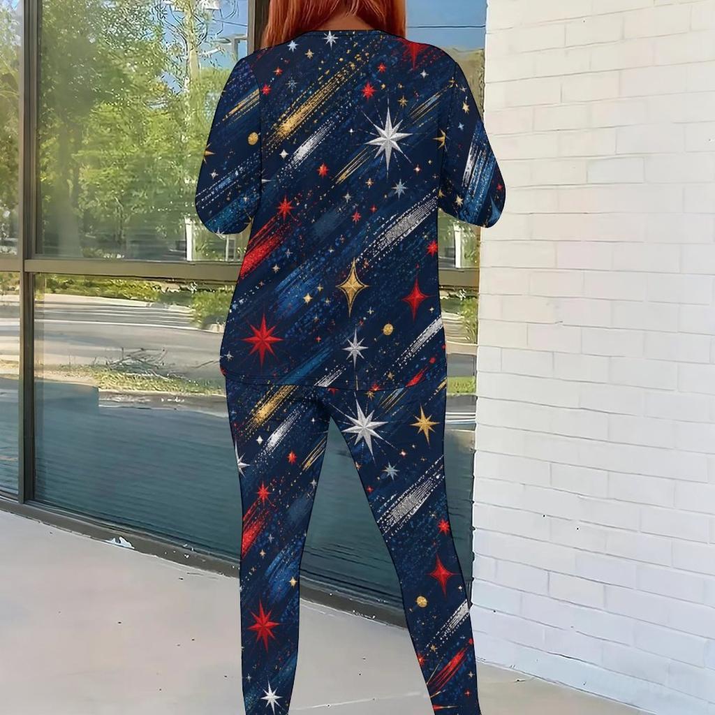 Women Plus Size Red Navy Star Printed Two Piece Set Round Neck Long Sleeve Top Fitted Pants