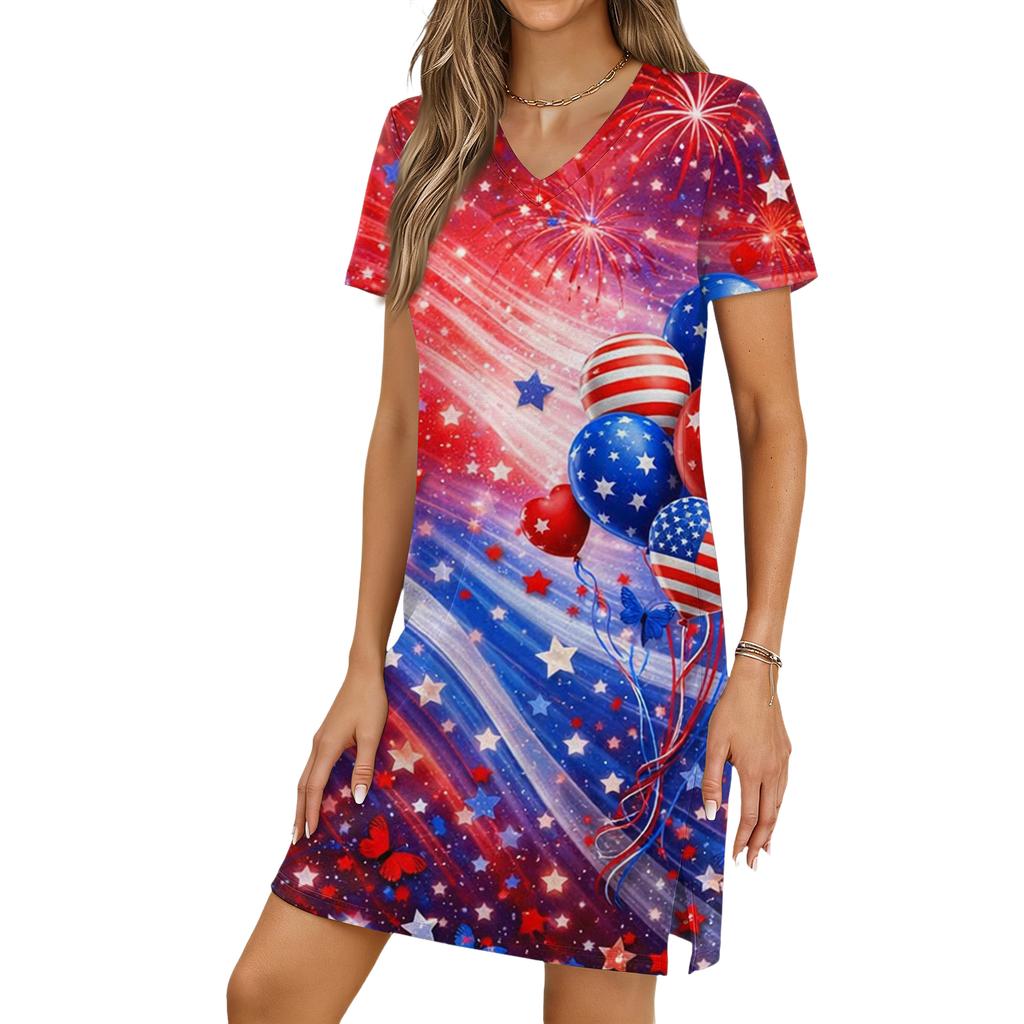 Women's Casual V-neck Short Sleeve Split Hem Independence Day Printed Dress