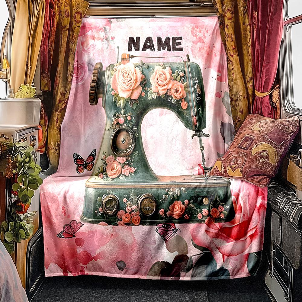 Vintage Floral Sewing Machine Art Design Blanketcustomizable With Your Namecomfortable And Stylish Perfect For Travel Beds Chairs Offices Sofas