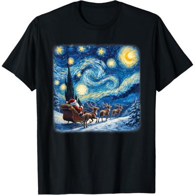 Winter Santa Snowy Night Van Gogh Starry Night Christmas T-Shirt
