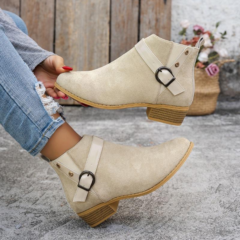 Large Size Short Boots Women's Pointed Head Heel Side Zipper Suede Belt Buckle Martin Boots Women's Boots