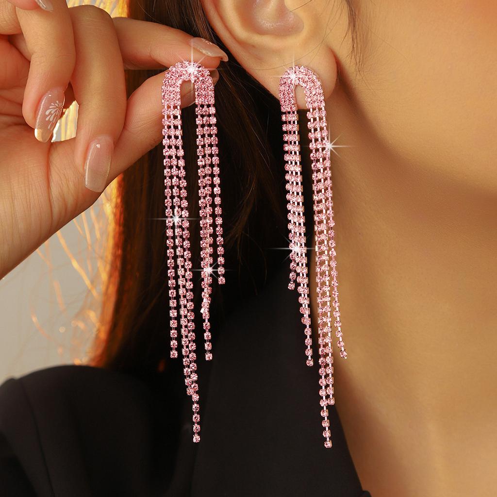Longues Boucles d'Oreilles Simples et Polyvalentes à Franges de Strass