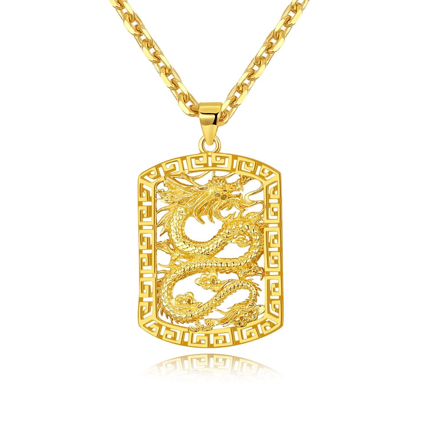 

Rockyu Gold Dragon Pendant Necklace with 18K Gold Plated Copper Carved Dragon Protection from Amulet Birthday Gift Men s Chain, 50cm, Chinese-Style