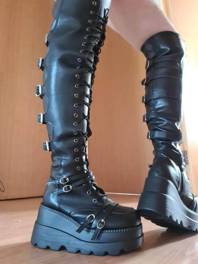 Women'S Thigh High Boots Black Punk Gothic Woman Sexy Long Boots Large Size Women Platform Shoes Leather Knight Boots Wedges