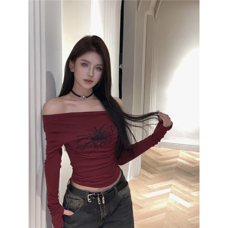 Women Y2K Gothic T-Shirts Off Shoulder  Autumn Streetwear Fairy Core Hip Hop Tops Punk Casual Tees Female Clothes