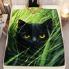 Black Cat on Grass Print Flannel Blanket - Lightweight, Soft and Warm for Sofa, Travel, Bed and Office, Christmas and Halloween
