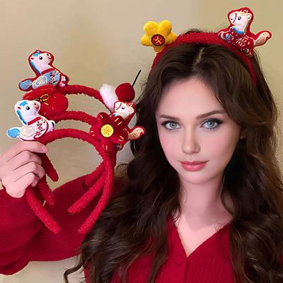 2026 Year of Horse Headband Plush Soft Comfortable Bright Red Hair Hoop 2026 Zodiac Hair Accessory Festive Joyful Decoration