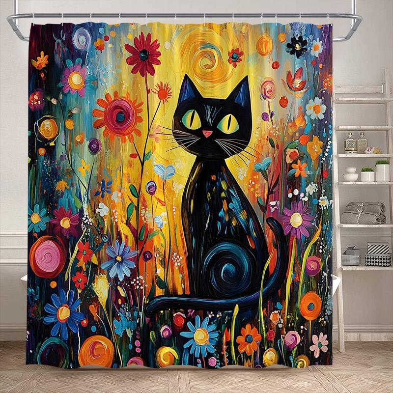 Funny Black Cat Shower Curtains Cute Animal Pet Floral Vintage Painting Art Modern Fabric Home Bathroom Decor Bath Curtain Set