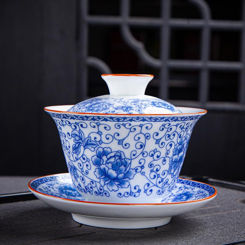Dehua Gaiwan Cup Ceramic Large Single Sancai Bowl Kung Fu Tea Set Blue and White Porcelain Household