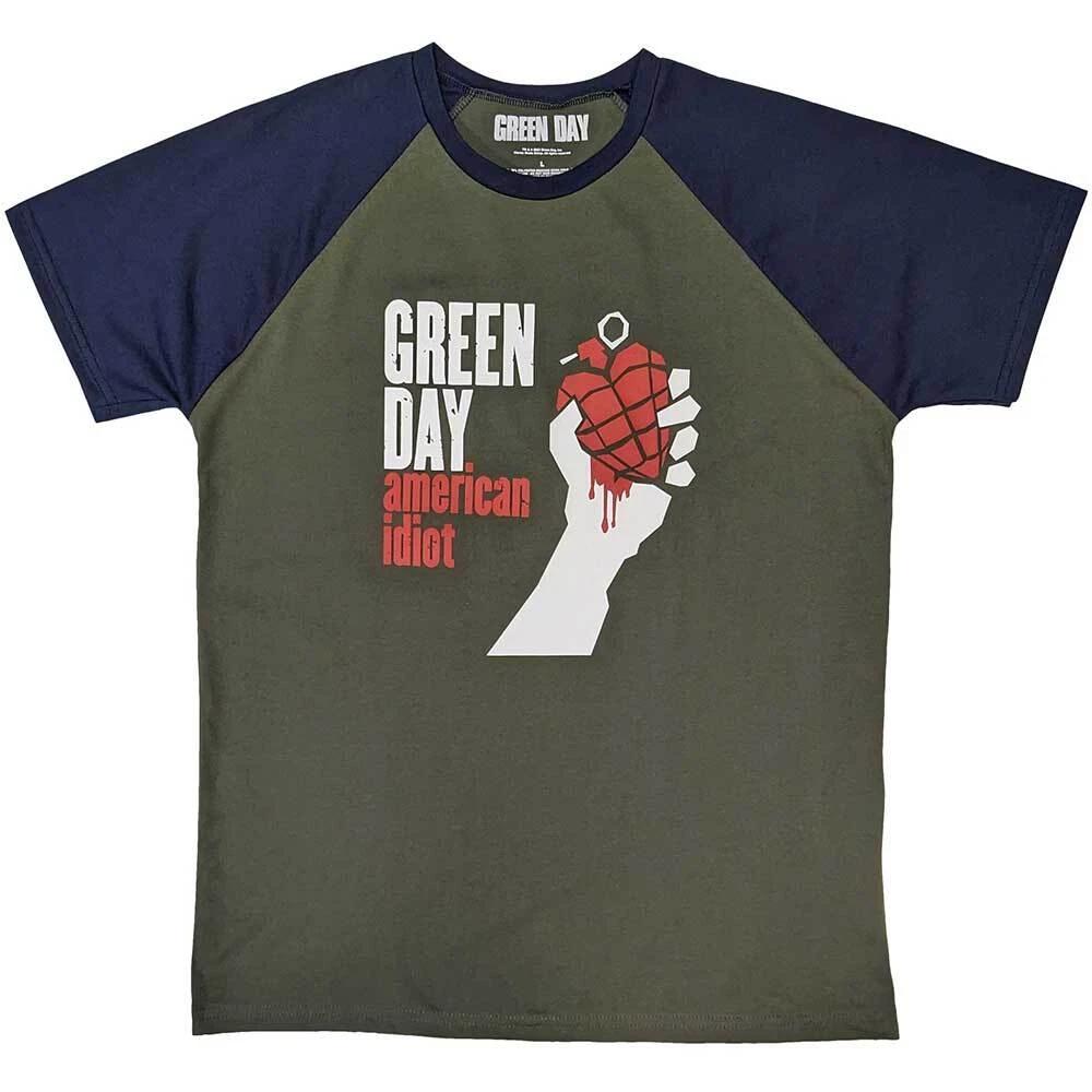 

Green Day American Idiot Khaki Green / Blue Raglan T shirt - NEW S