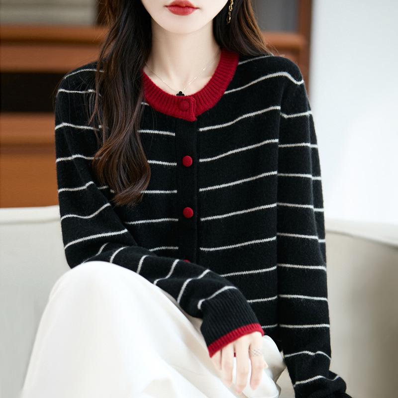 Women's Striped Color Block Pure Wool Thick Knit Cardigan Sweater