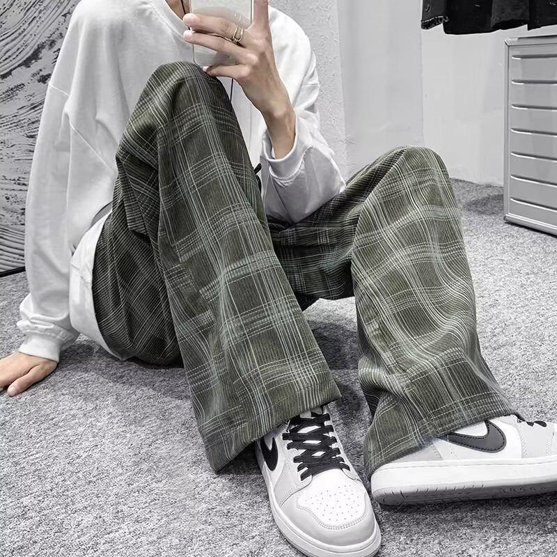 Men s Retro Plaid Wide-Leg High-Waisted Trousers - Autumn 2025 Collection 4XL зелёный