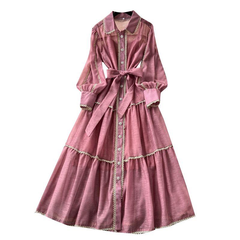 French style Retro Palace Style Lantern Sleeve Lace-up Waist Hugging Single-Breasted Dress Women Slimming Temperament Elegant Long Skirt