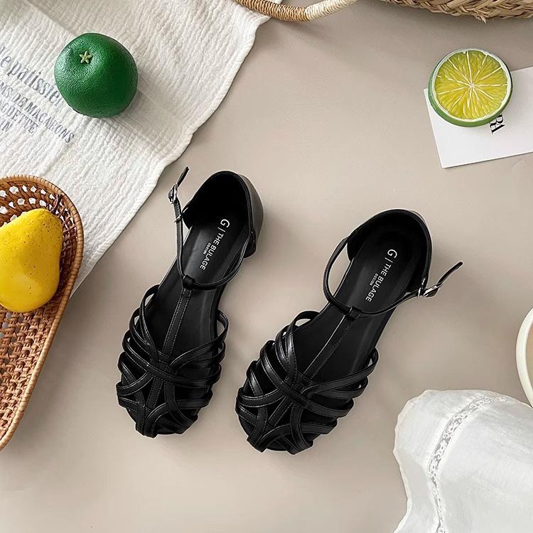 

2025 summer flat-bottomed Roman sandals woven hollowed-out retro round-headed pig cage shoes women s one-word buckle strap bag head sandals 42 чёрный