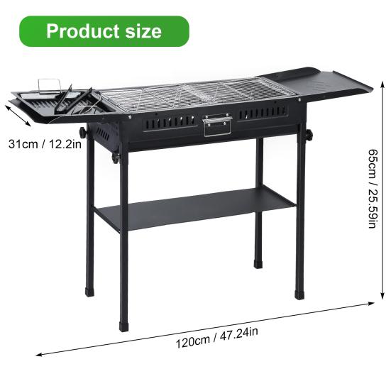 Langer Grill Holzkohle Großer BBQ Grill Klappbare Seitenablage Camping Grill für Garten Hinterhof Party Picknick Kochen (47.28x25.61x25.61 Zoll)